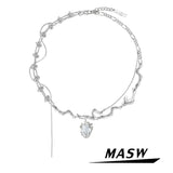 MASW Heart Pendant Necklace Jewelry Thick Silver Plated Knots Chain