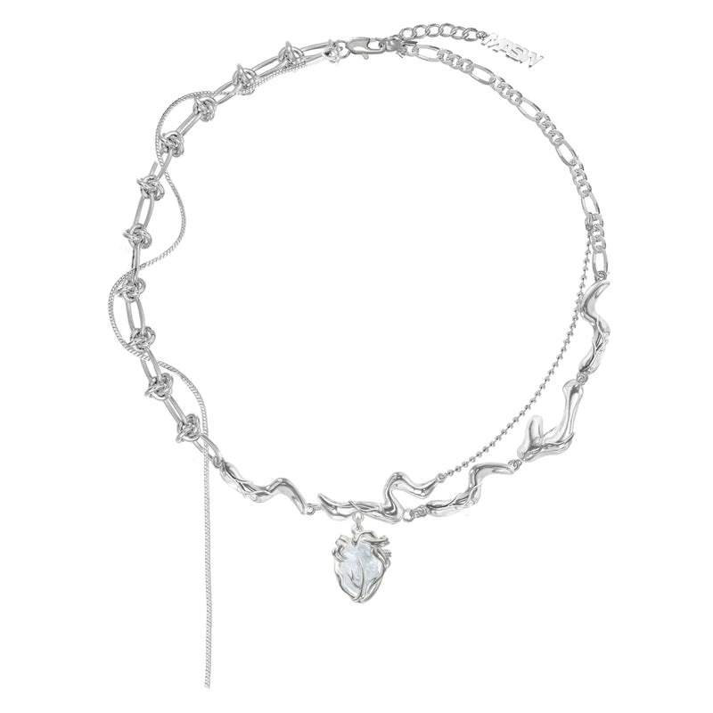 MASW Heart Pendant Necklace Jewelry Thick Silver Plated Knots Chain