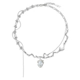 MASW Heart Pendant Necklace Jewelry Thick Silver Plated Knots Chain
