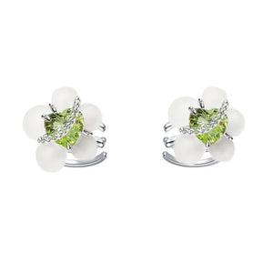 Green Zircon Flower Earclip Earrings Thick Silver Plated Chain Tassel Earcuff