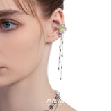 Green Zircon Flower Earclip Earrings Thick Silver Plated Chain Tassel Earcuff
