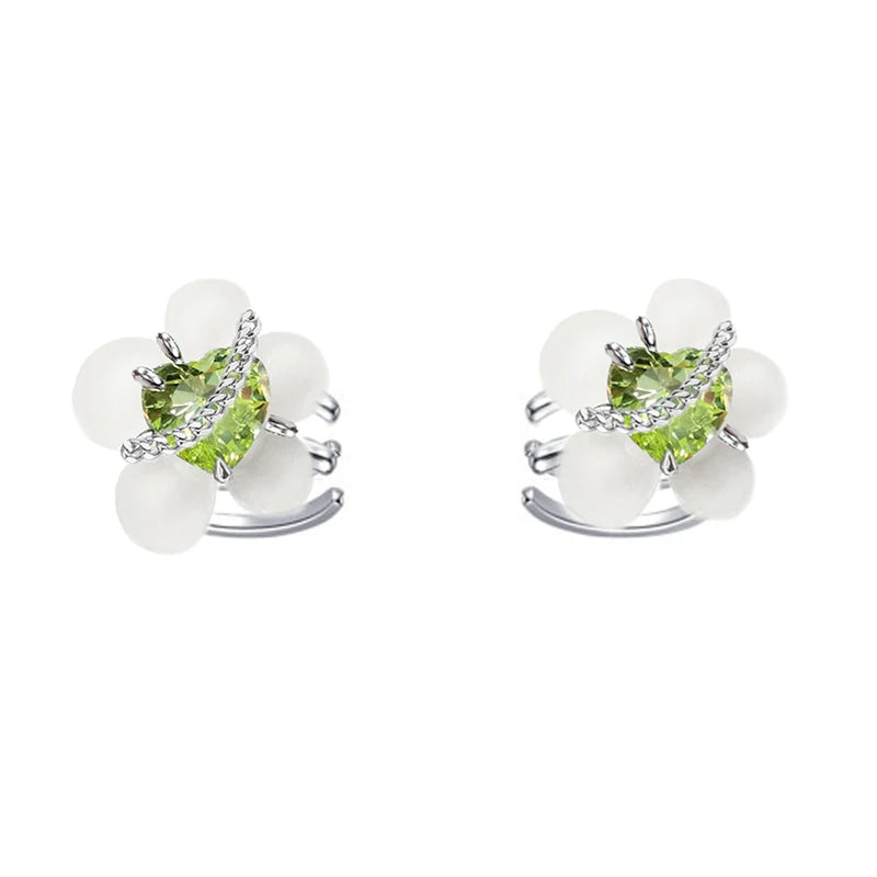 Green Zircon Flower Earclip Earrings Thick Silver Plated Chain Tassel Earcuff