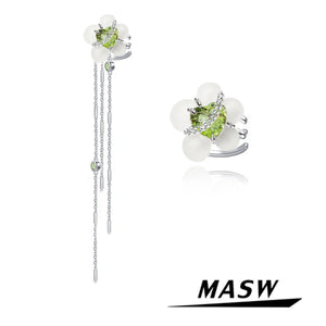 Green Zircon Flower Earclip Earrings Thick Silver Plated Chain Tassel Earcuff