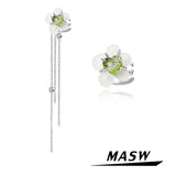 Green Zircon Flower Earclip Earrings Thick Silver Plated Chain Tassel Earcuff