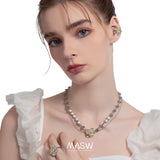 Green Zircon Flower Earclip Earrings Thick Silver Plated Chain Tassel Earcuff