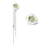 Green Zircon Flower Earclip Earrings Thick Silver Plated Chain Tassel Earcuff