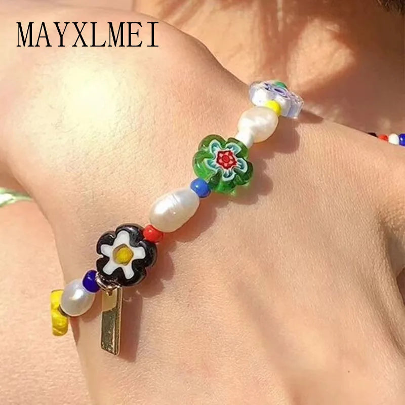 Hand-Beaded Glazed Pearl Contrast Bracelet for Women