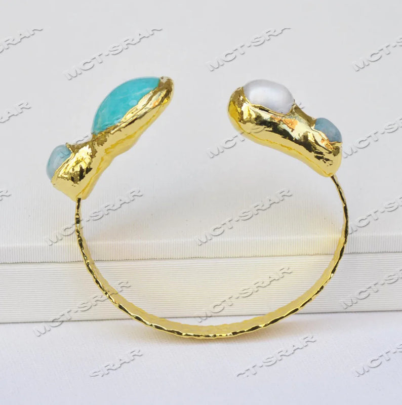 MCT?STAR Z11614 25mm Coin Aquamarine Pearl Gold-plating Bangle Bracelet