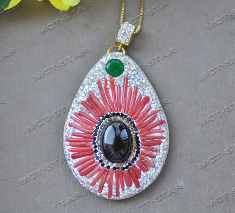 MCT?STAR Z12289 62mm All CZ Red Coral Agate Eye Pendant