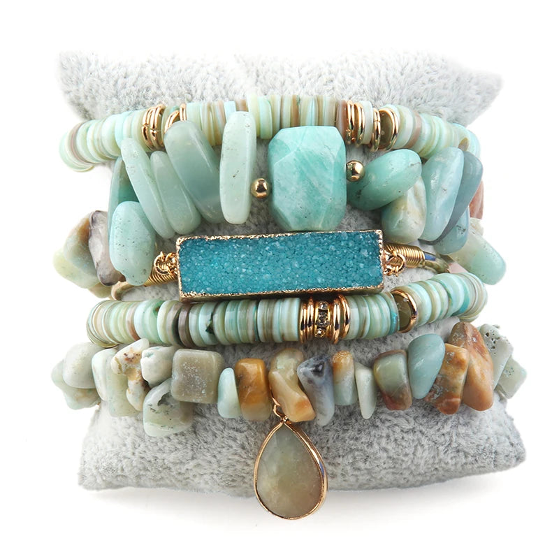 MDFashion Beaded Bracelet Sets Charm 5pc Stack Chip Stone Bangle Set