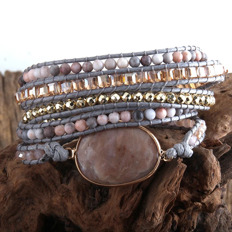 Boho Bracelet Vegan Cord Natural Stones Charm 5 Strands Wrap
