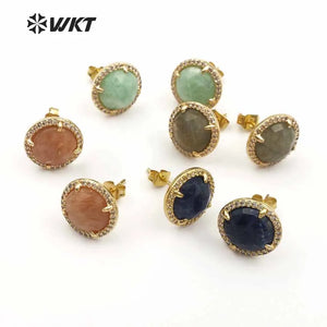 Crystal Stone Circle Stud Earrings CZ Pave Dainty Wedding Jewelry