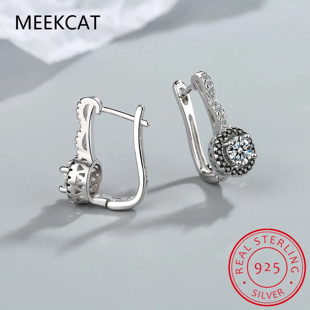 925 Silver Hoop Earrings Black&White Stone Brincos