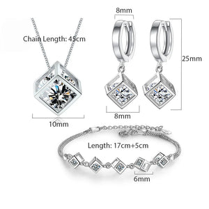 Zircon Square Cube 925 Sterling Silver Jewelry Set for Women Gift