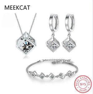 Zircon Square Cube 925 Sterling Silver Jewelry Set for Women Gift