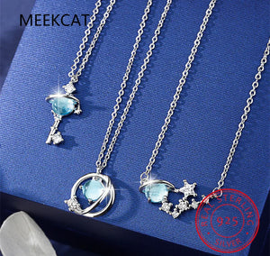 925 Sterling Silver Small Fresh Fantasy Planet Necklace Universe Aurora Planet