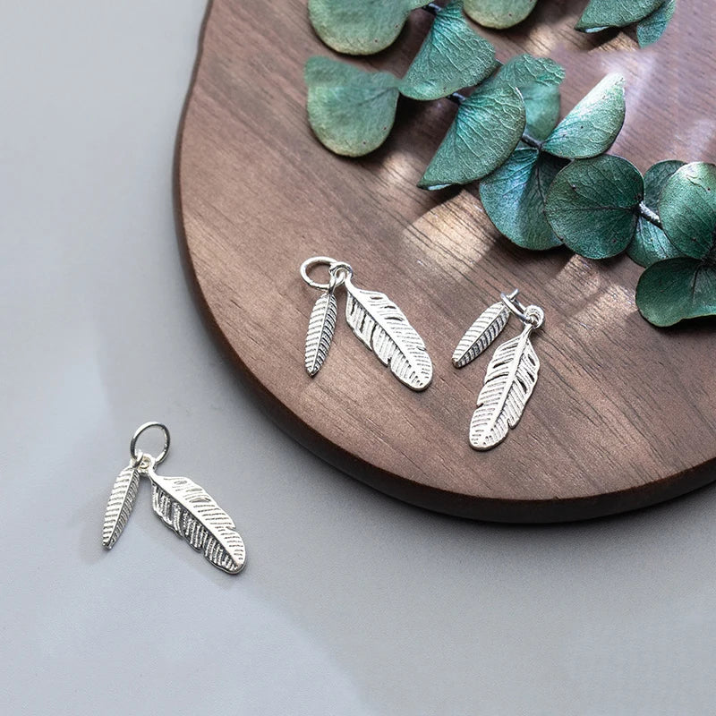 Sterling Silver Feather Charms Vintage DIY Necklace Making Jewelry Accessories