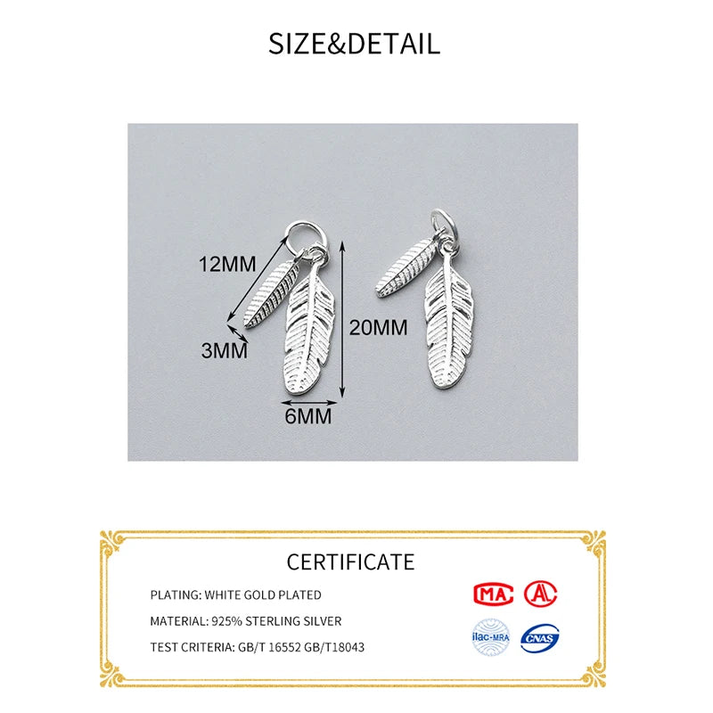 Sterling Silver Feather Charms Vintage DIY Necklace Making Jewelry Accessories
