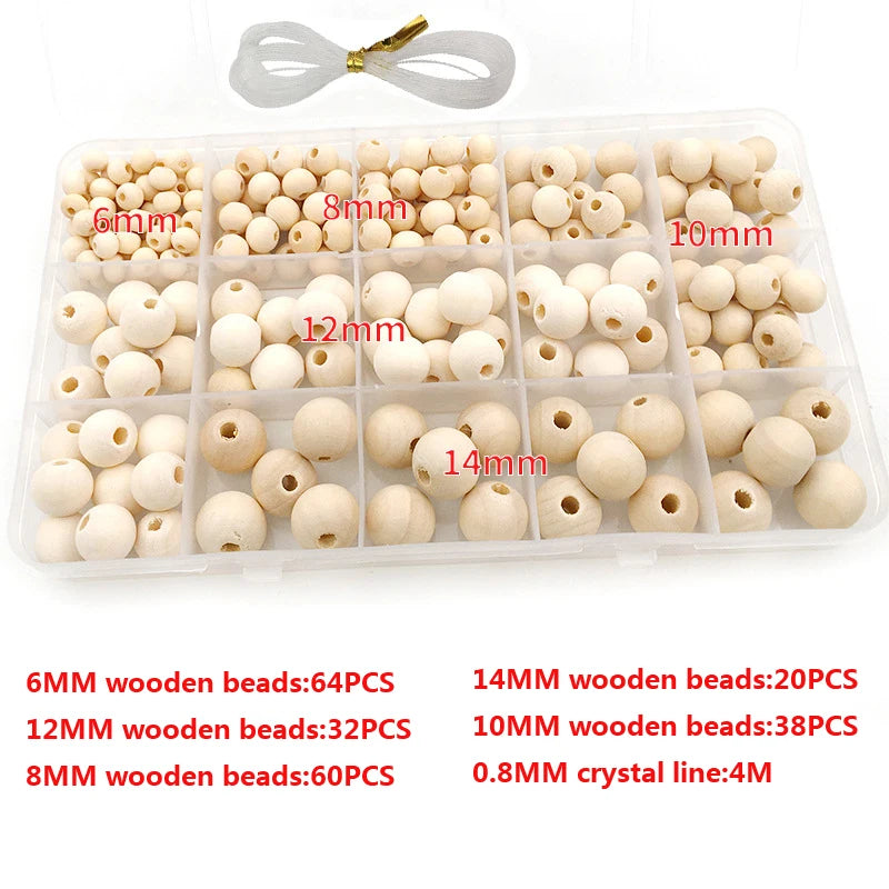 220PCS Wood Beads Ball Charms DIY Bracelet Supplies with Box