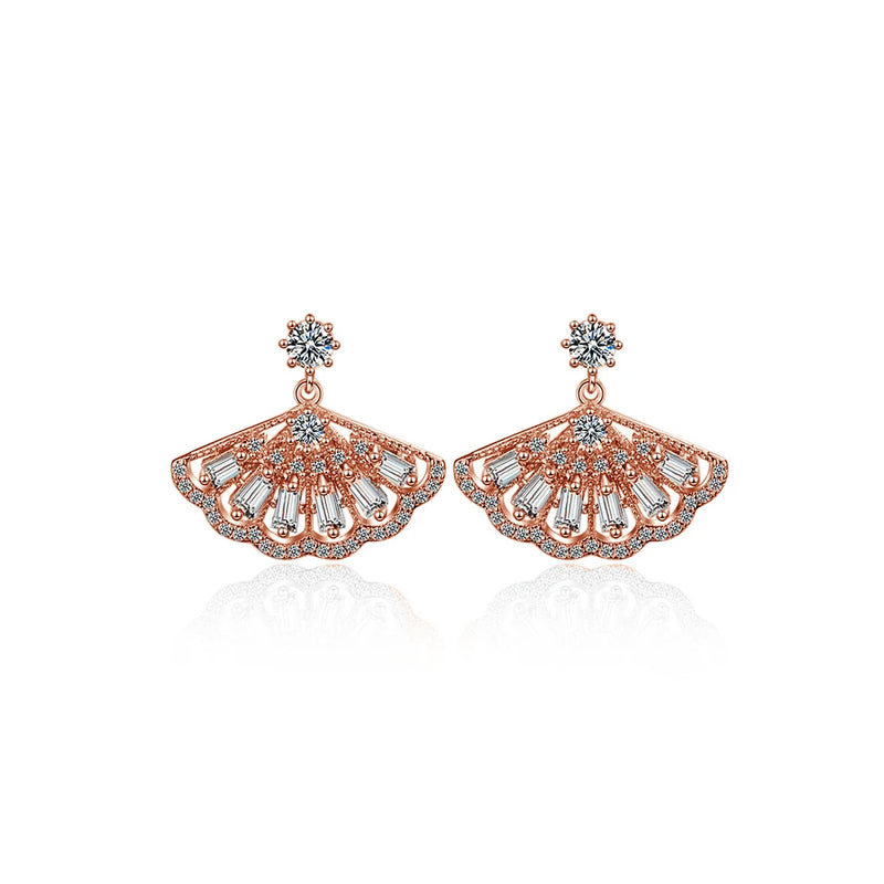 925 Silver Drop Earrings Zircon Fan Rose Golden Small Jewelry