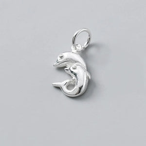 925 Sterling Silver Two Dolphins Animals Charms DIY Jewelry Necklace Accessory