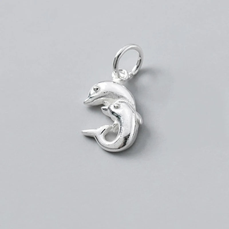 925 Sterling Silver Two Dolphins Animals Charms DIY Jewelry Necklace Accessory