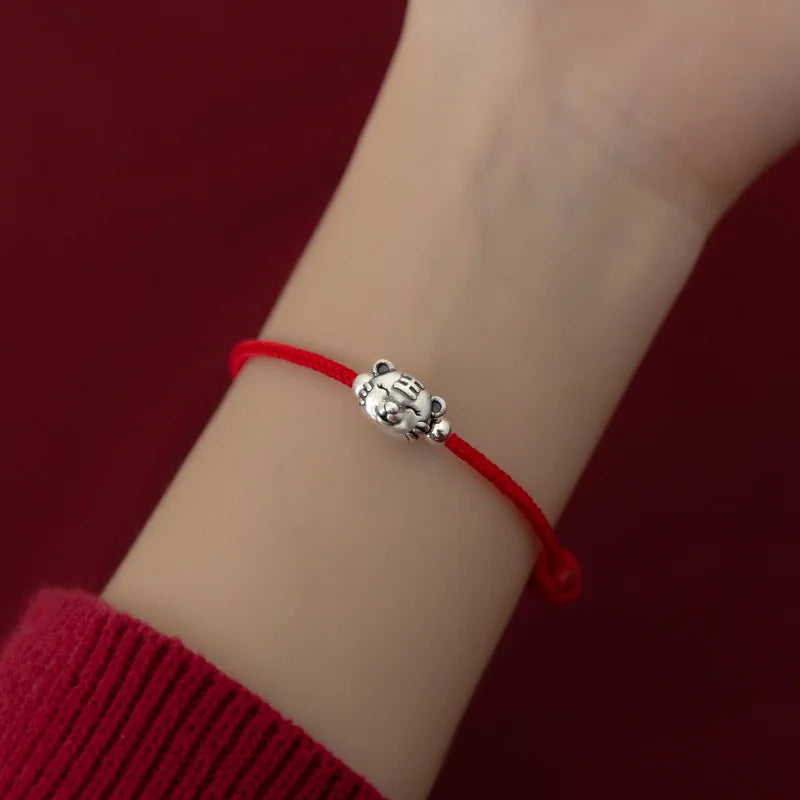 925 Silver Tiger Head Red Rope Bracelet Women Jewelry Charms