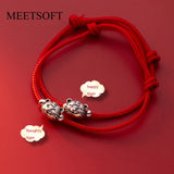 925 Silver Tiger Head Red Rope Bracelet Women Jewelry Charms