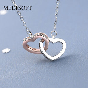 925 Silver Heart-to-heart Double Ring Zircon Chokers Necklace