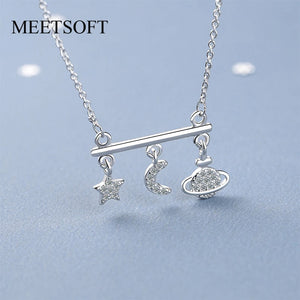 925 Silver Star Moon Planet Zircon Chokers Women Necklace