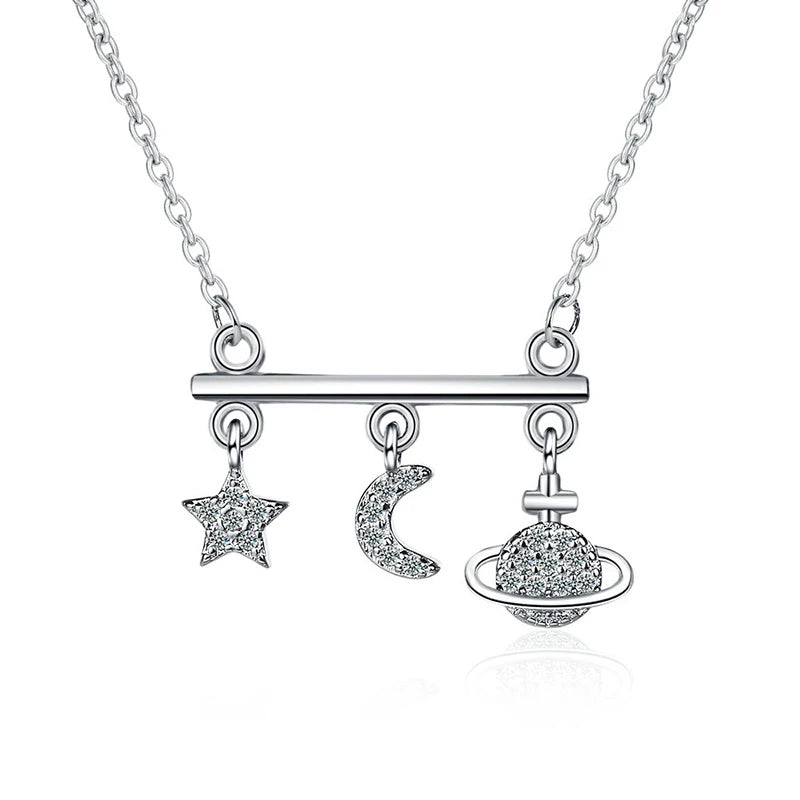 925 Silver Star Moon Planet Zircon Chokers Women Necklace