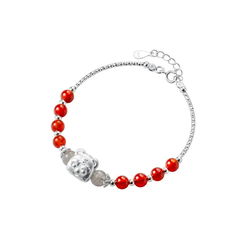 925 Silver 3D Tiger Head Red Agate Crystal Bracelet