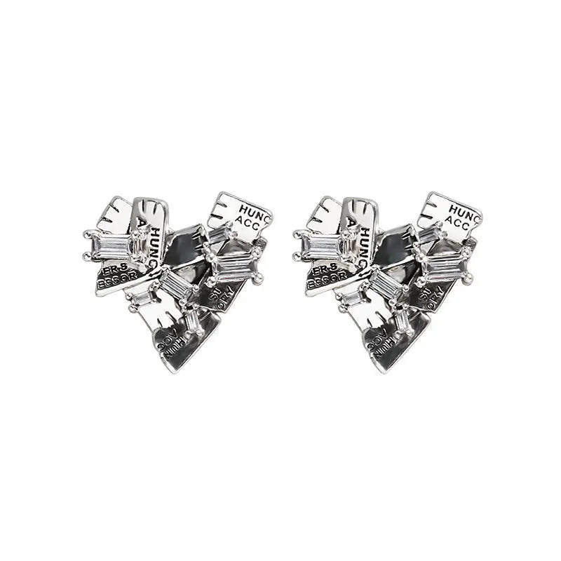 925 Silver Geometric Heart Stud Earrings Punk HipHop Jewelry