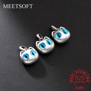 925 Sterling Silver Matte Cat Kitty Head Eyes Pendant Charm for DIY Bracelet