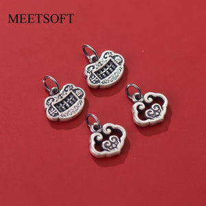 Vintage 999 Silver Distressed Clouds Longevity Lock Pendant Necklace