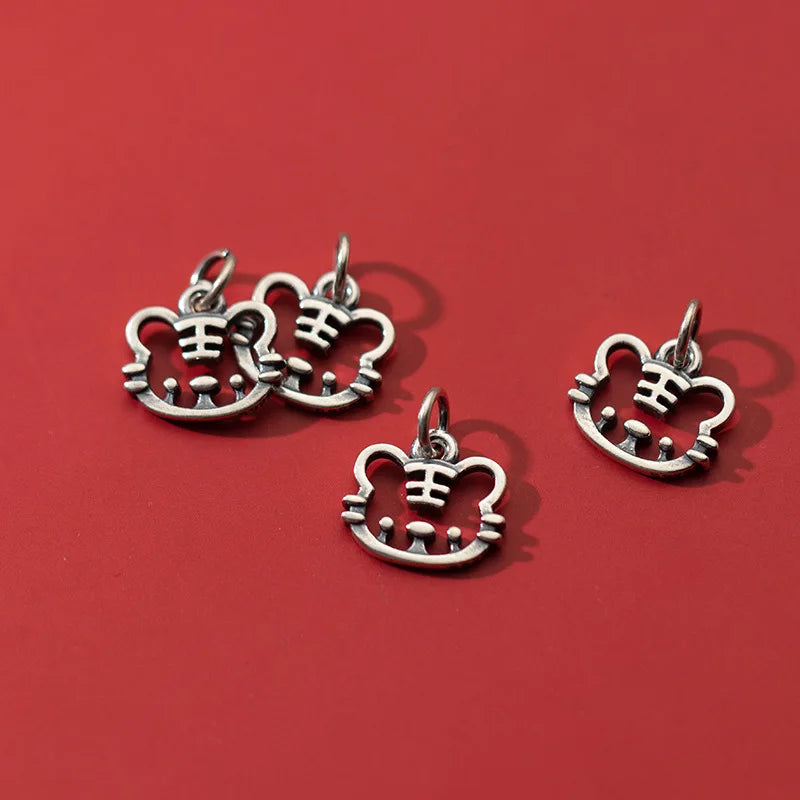 Vintage S925 Silver Hollow Tiger Baby Charms for DIY Animal Year Person Fine Acc