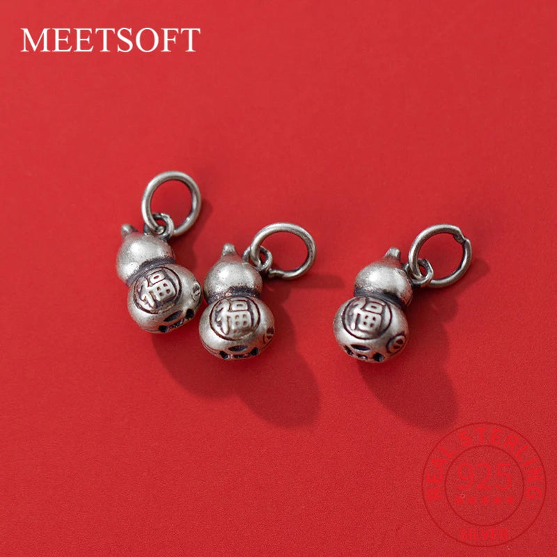 Vintage S925 Sterling Silver Frosted Blessing Gourd Pendant DIY Charms