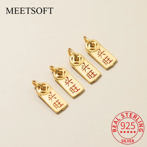 Vintage S925 Sterling Silver Printed Coin Square Card 18K DIY Charms
