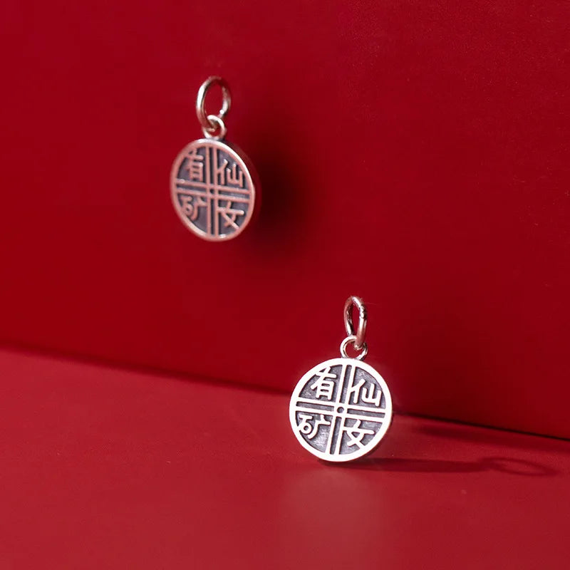 Vintage S925 Sterling Silver Round Cards Pendant Charms DIY Fine Accessories