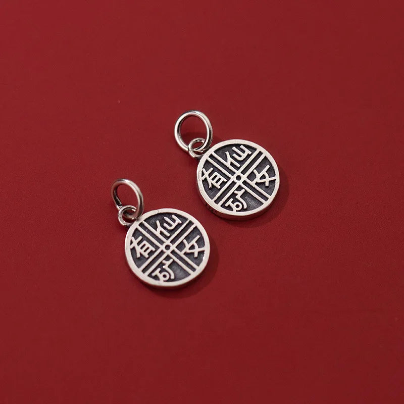 Vintage S925 Sterling Silver Round Cards Pendant Charms DIY Fine Accessories