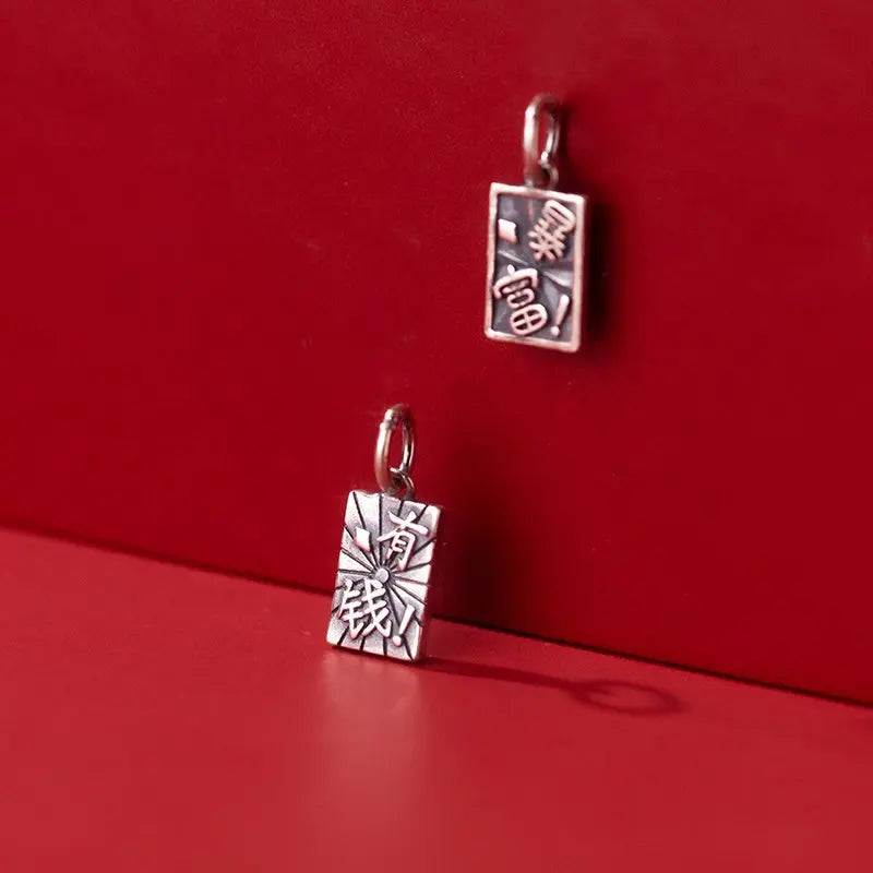 Vintage S925 Sterling Silver Charms Rich Money Double-sided Plate DIY Fine Drop