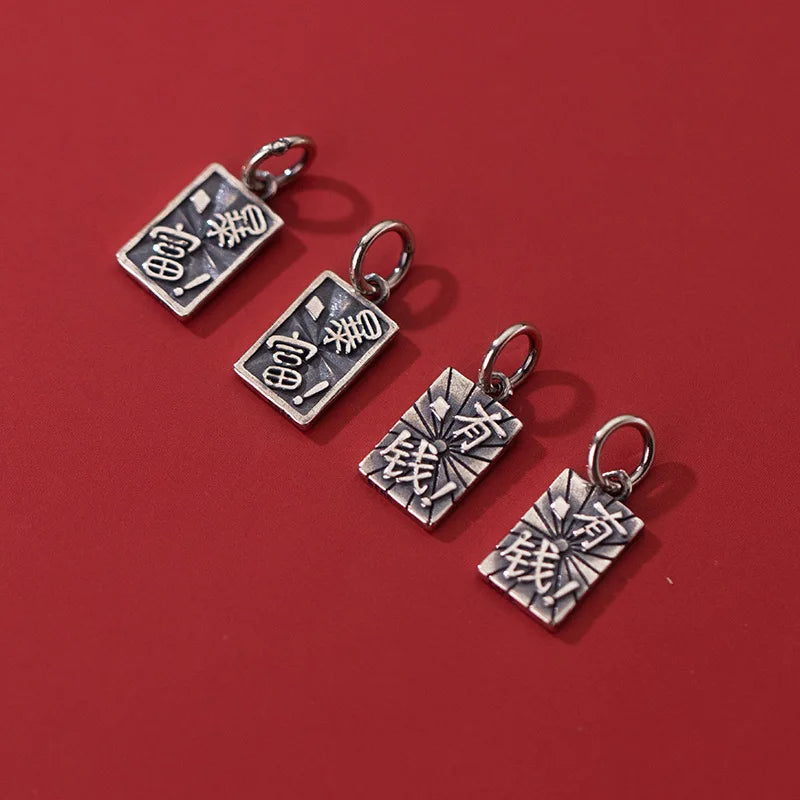 Vintage S925 Sterling Silver Charms Rich Money Double-sided Plate DIY Fine Drop