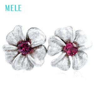 Natural Garnet Silver Earring, Lovely Flower Design, Birthday Gift