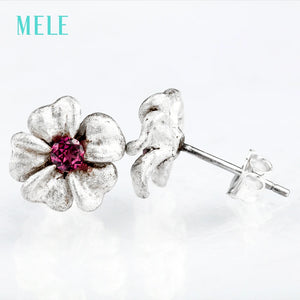 Natural Garnet Silver Earring, Lovely Flower Design, Birthday Gift