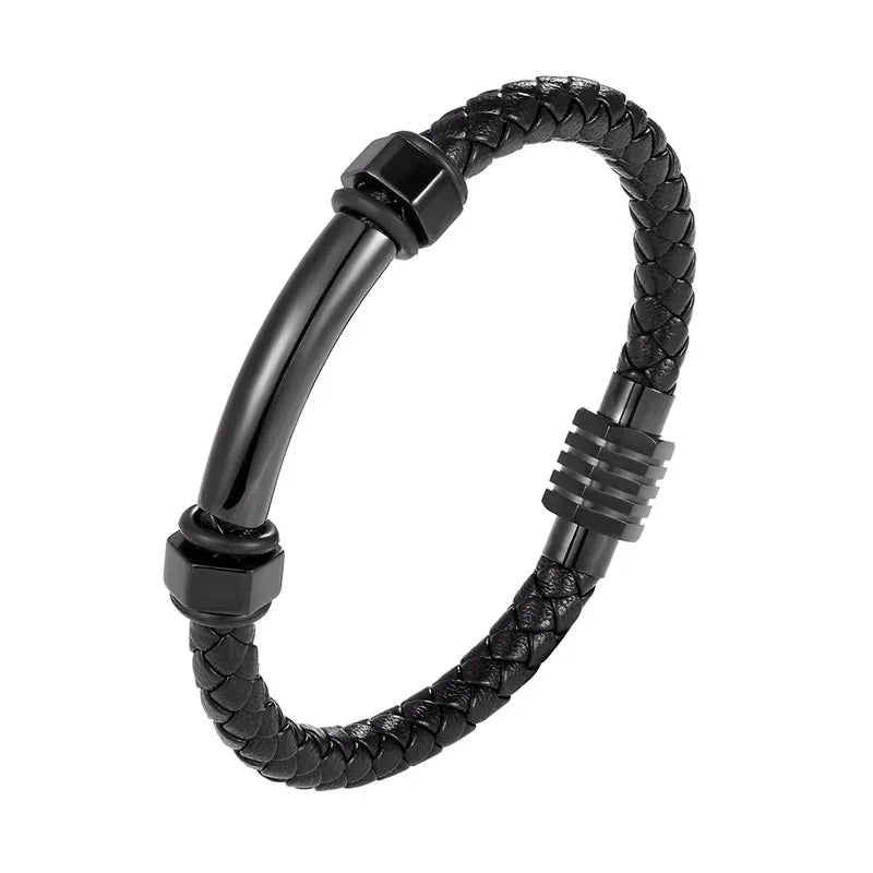 Men Stainless Steel Leather Bracelet Magnetic Bangle