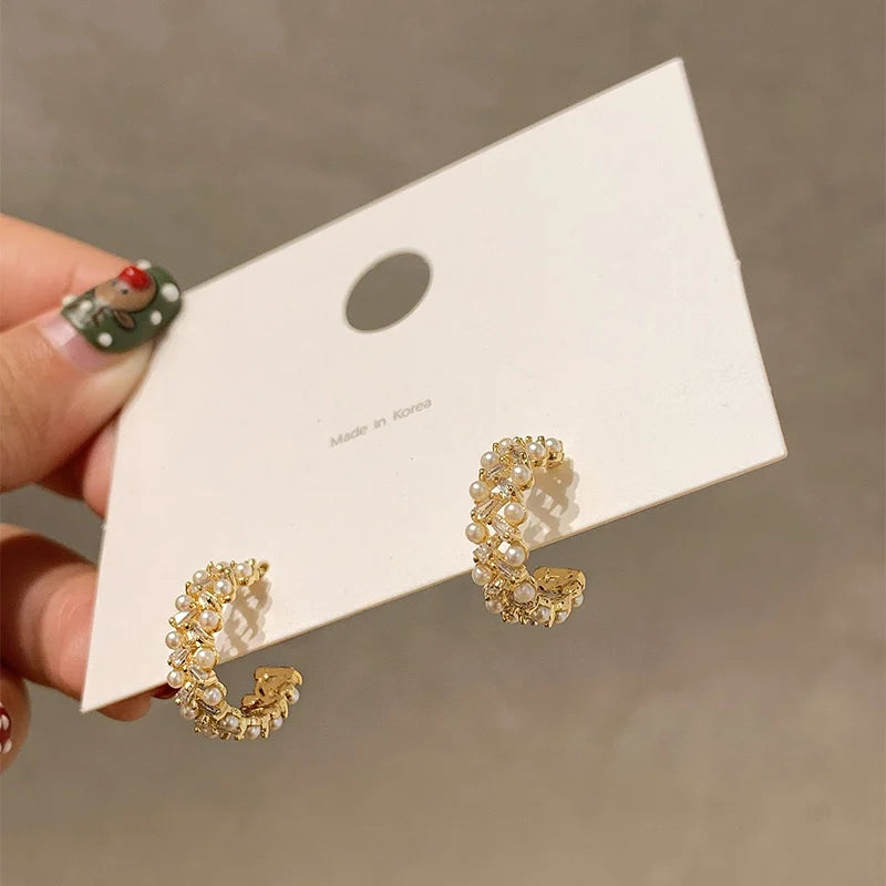 Pearl Zircon Hoop Earrings For Women Boucle d'oreille Jewelry