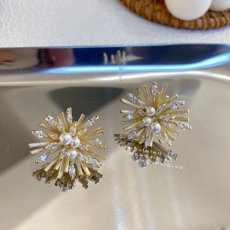 Zircon Flower Stud Earrings Pearl Statement Oorbellen Jewelry