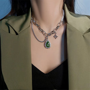 Vintage Green Crystal Rose Necklace for Women Multilayer Chain Choker