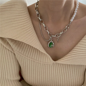 Vintage Green Crystal Rose Necklace for Women Multilayer Chain Choker