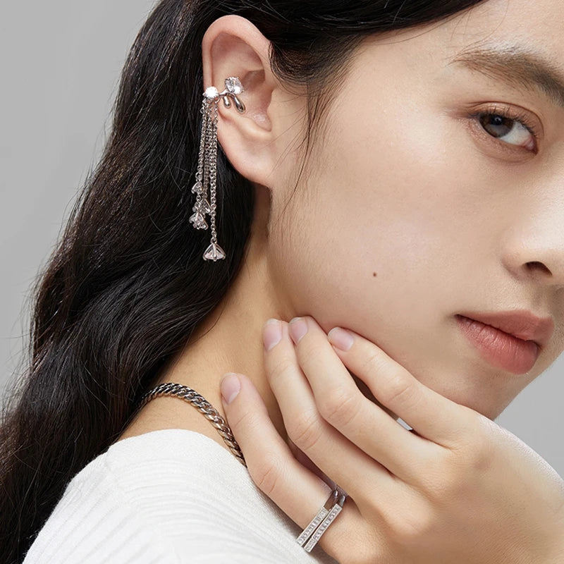 Zircon Tassel Ear Clips Silver No Piercing Ear Jewelry